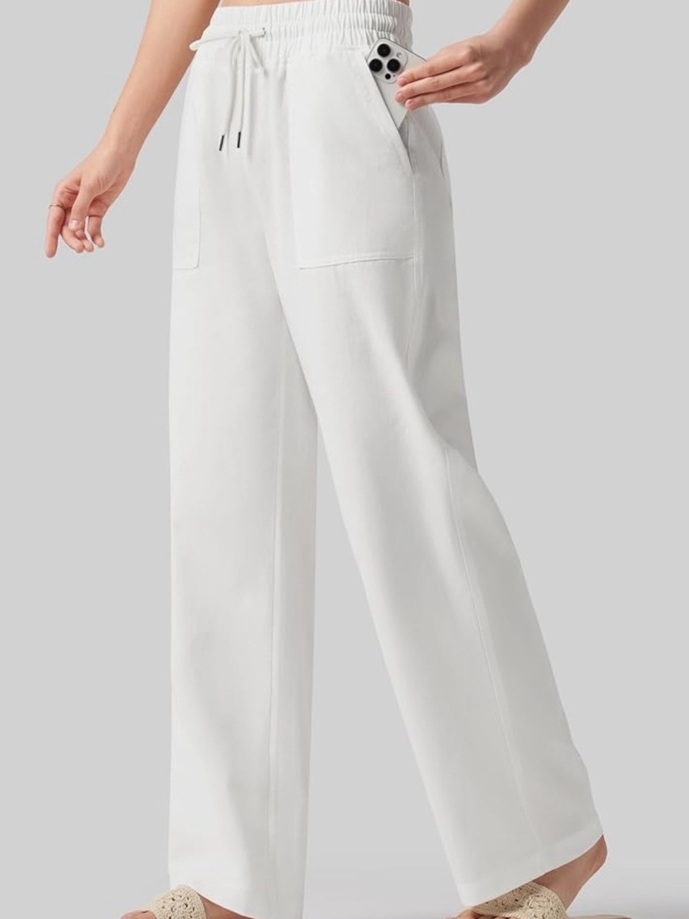Linen/cotton Relaxed Wide-Leg Drawstring Pants in White